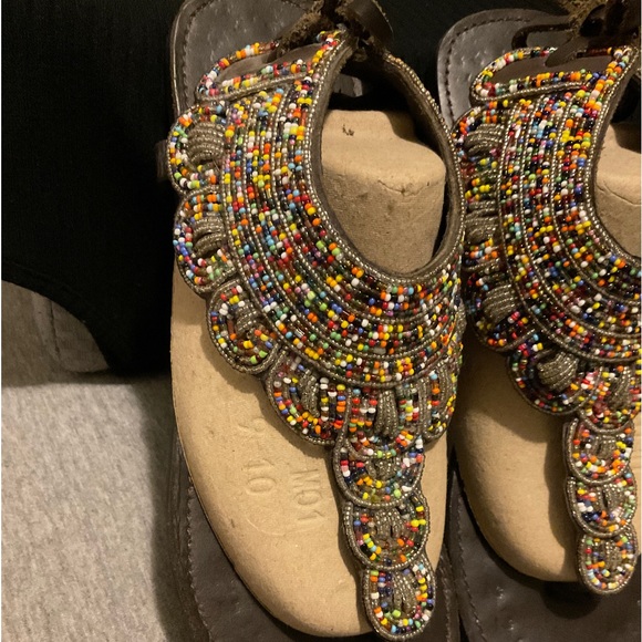 🆕SIZE 10 AFRICAN HANDMADE BROWN LEATHER COLORFUL BEADED THONG SANDALS - Picture 8 of 16